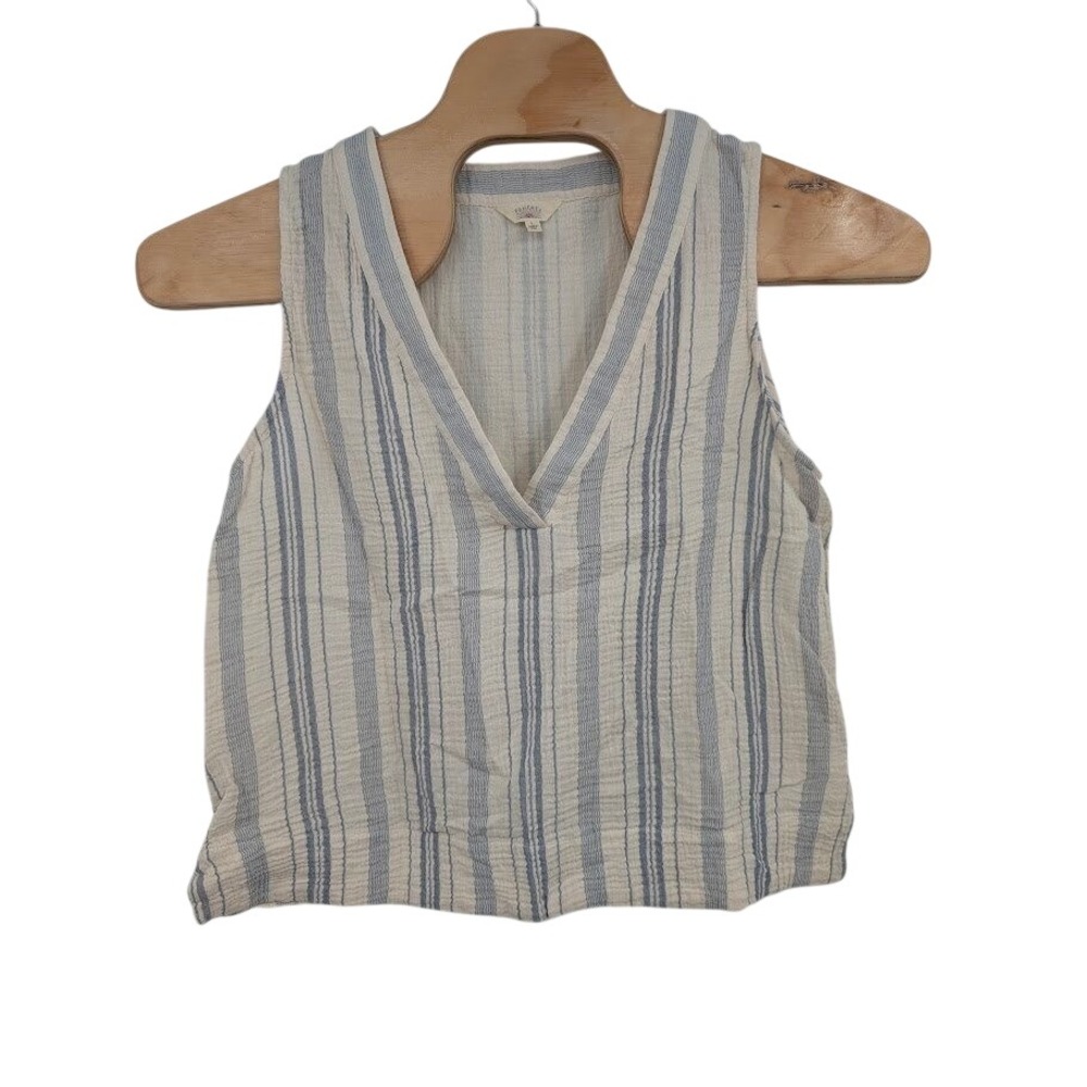 Faherty Dune Cotton Gauze Shirt Sleeveless V-neck stripe tan blue Women's L